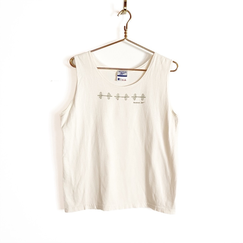 Vtg Reebok Weights Graphic Cream Athletic Tank Top size L